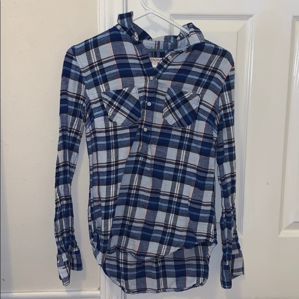 Navy, white and light pink plaid shirt